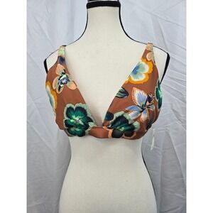 Aerie Real Good Floral Triangle Bikini Top Brown Orange Teal Large 075-0752-3116